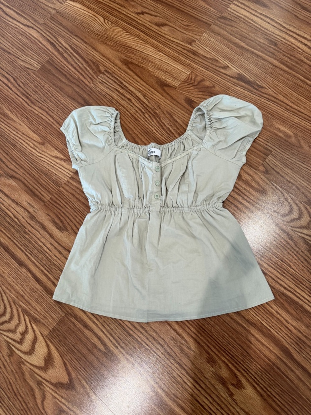 Hollister Light Sage Green Puff-Sleeve Babydoll Top Y2K Style